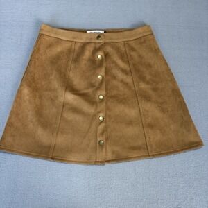 Persun Faux Suede Button Front Mini Skirt Camel Tan Boho Fall Size M